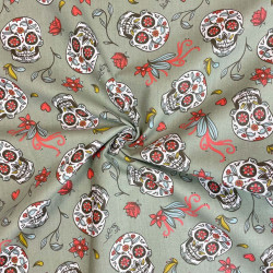 Algodón estampado CALAVERAS Caqui / Coral